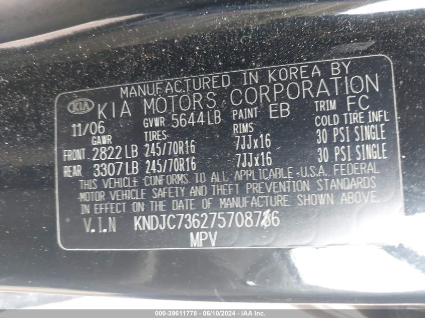 2007 Kia Sorento Ex VIN: KNDJC736275708736 Lot: 39611778