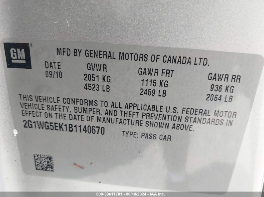 2011 Chevrolet Impala Lt VIN: 2G1WG5EK1B1140670 Lot: 39611781