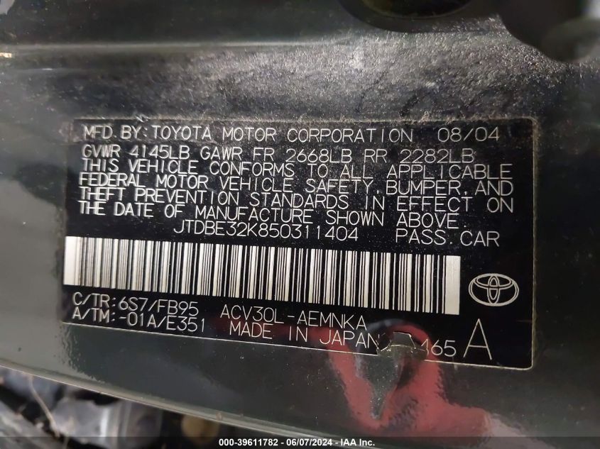 2005 Toyota Camry Le VIN: JTDBE32K850311404 Lot: 39611782