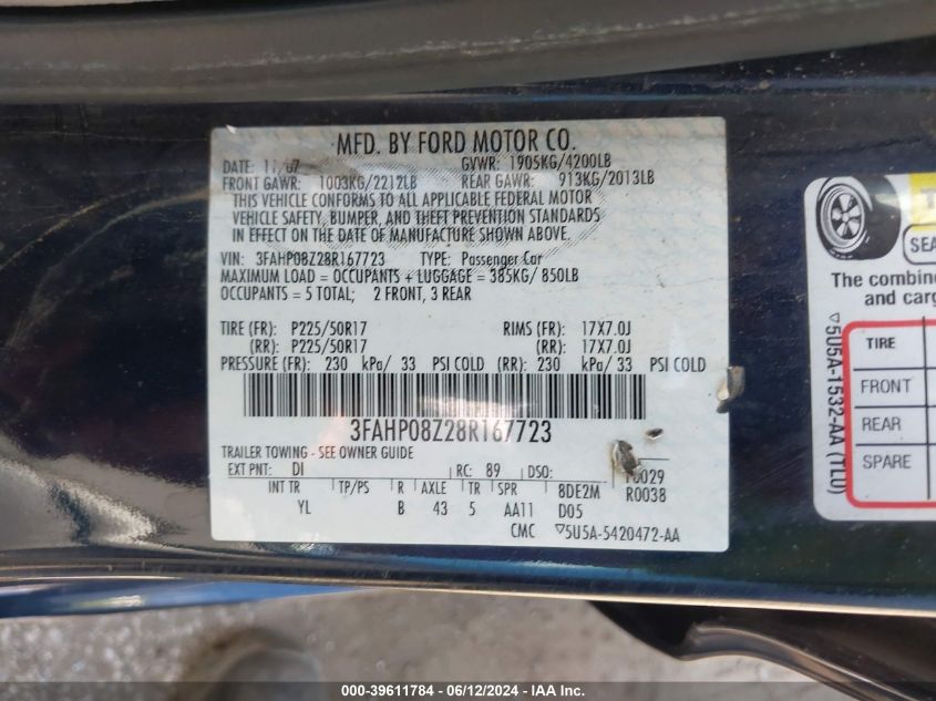 3FAHP08Z28R167723 | 2008 FORD FUSION