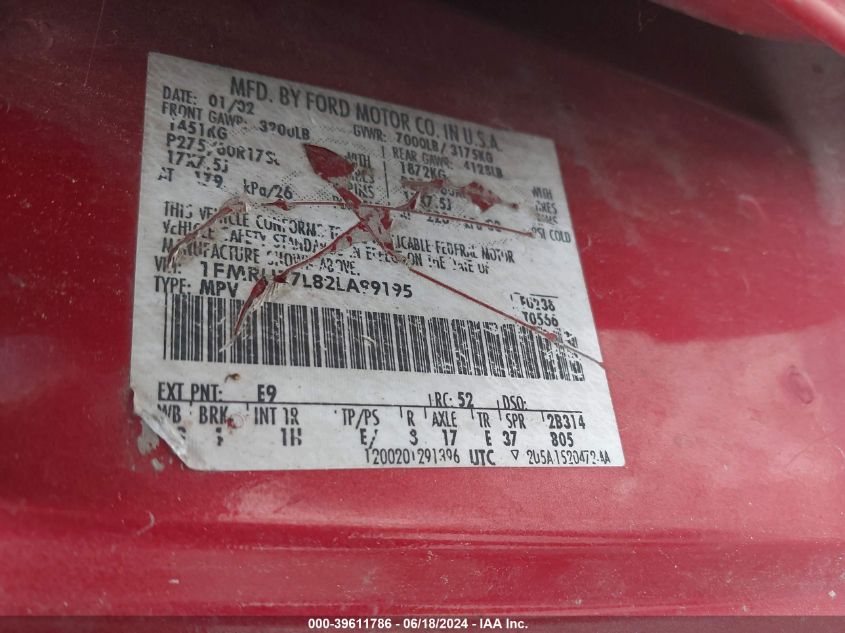 2002 Ford Expedition Eddie Bauer VIN: 1FMRU17L82LA99195 Lot: 39611786