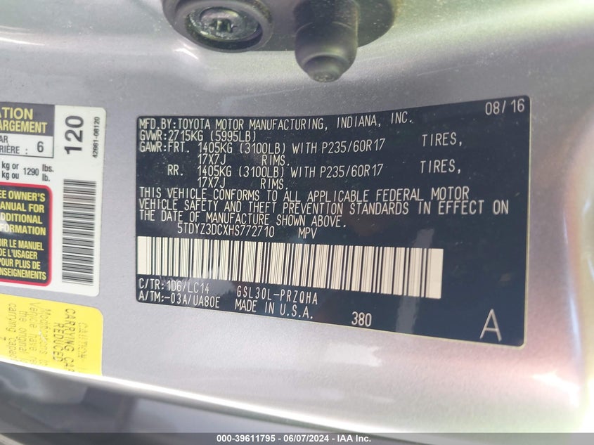 2017 Toyota Sienna Xle Premium 8 Passenger VIN: 5TDYZ3DCXHS772710 Lot: 39611795