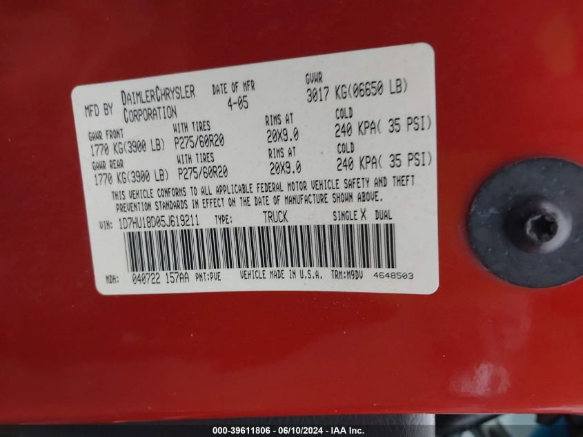 2005 Dodge Ram 1500 Slt/Laramie VIN: 1D7HU18D05J619211 Lot: 39611806