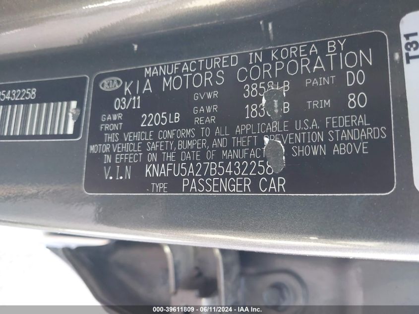 2011 Kia Forte Ex VIN: KNAFU5A27B5432258 Lot: 39611809