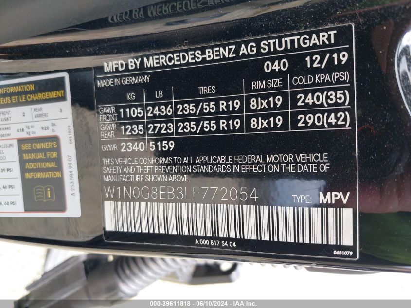 2020 Mercedes-Benz Glc 300 4Matic VIN: W1N0G8EB3LF772054 Lot: 39611818