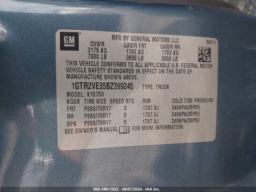 2011 GMC Sierra 1500 Sle VIN: 1GTR2VE35BZ399245 Lot: 39611822