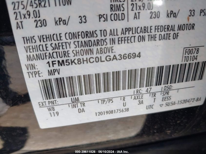 2020 Ford Explorer Platinum VIN: 1FM5K8HC0LGA36694 Lot: 39611826