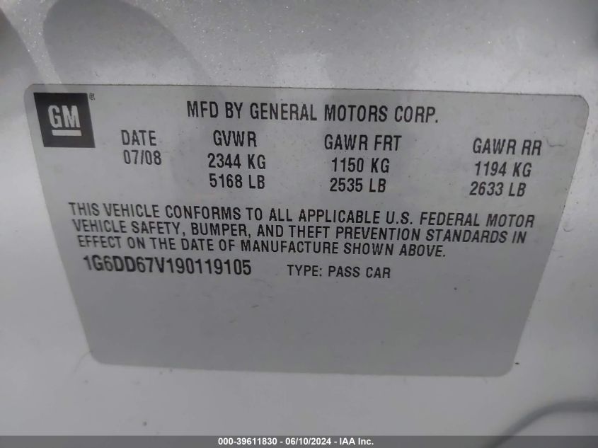 2009 Cadillac Sts V6 VIN: 1G6DD67V190119105 Lot: 39611830