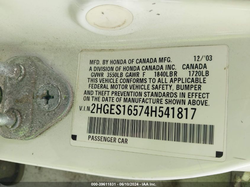 2004 Honda Civic Lx VIN: 2HGES16574H541817 Lot: 39611831