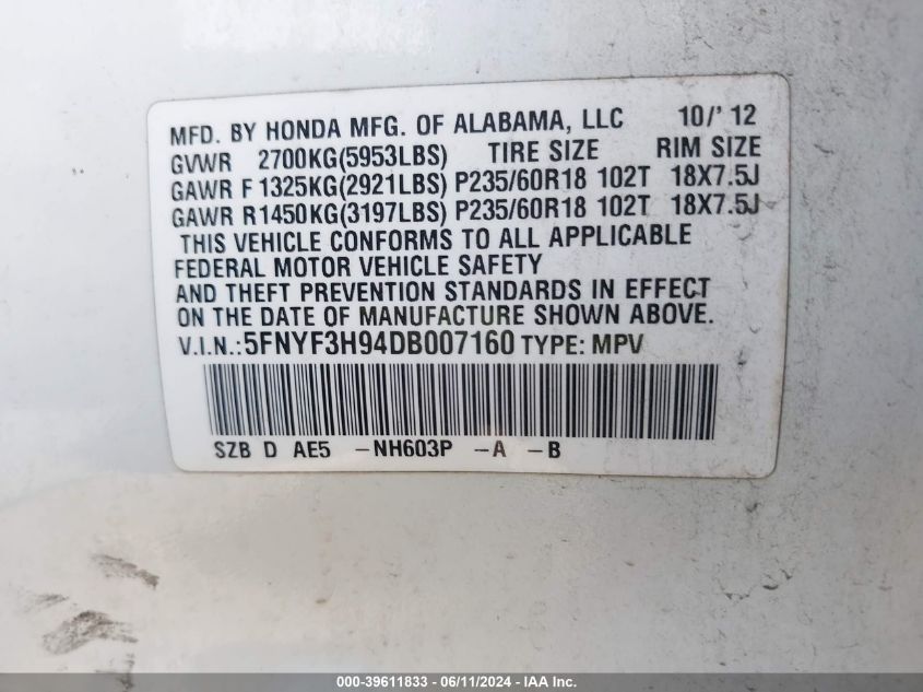 2013 Honda Pilot Touring VIN: 5FNYF3H94DB007160 Lot: 39611833