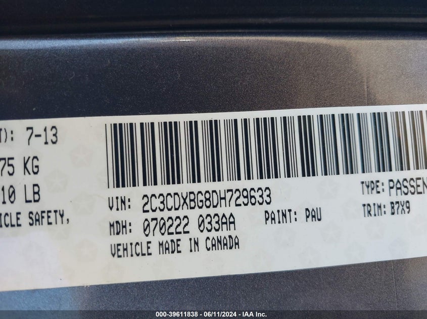 2013 Dodge Charger Se VIN: 2C3CDXBG8DH729633 Lot: 39611838