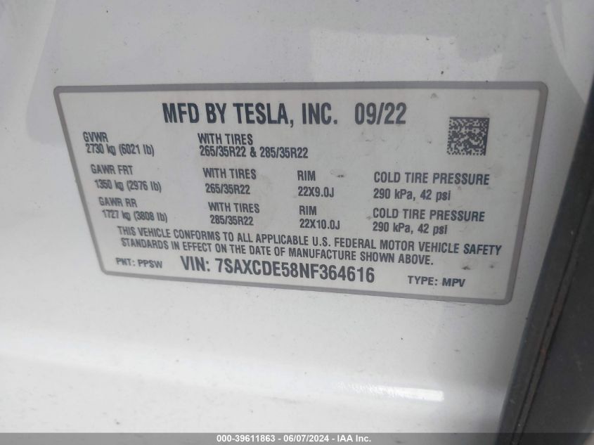 2022 Tesla Model X Dual Motor All-Wheel Drive/Plaid Tri Motor All-Wheel Drive VIN: 7SAXCDE58NF364616 Lot: 39611863