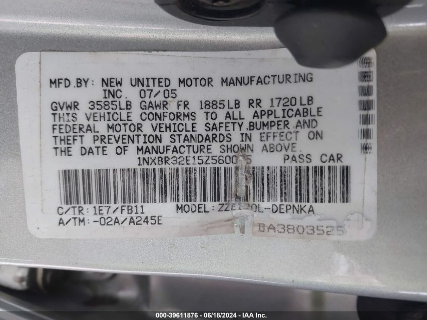 2005 Toyota Corolla Ce/Le/S VIN: 1NXBR32E15Z560095 Lot: 39611876