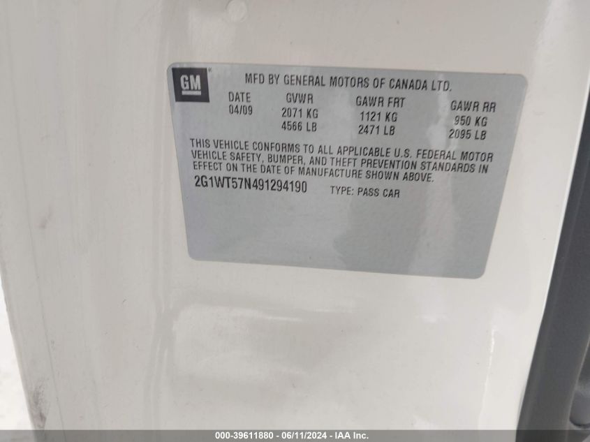 2009 Chevrolet Impala Lt VIN: 2G1WT57N491294190 Lot: 39611880
