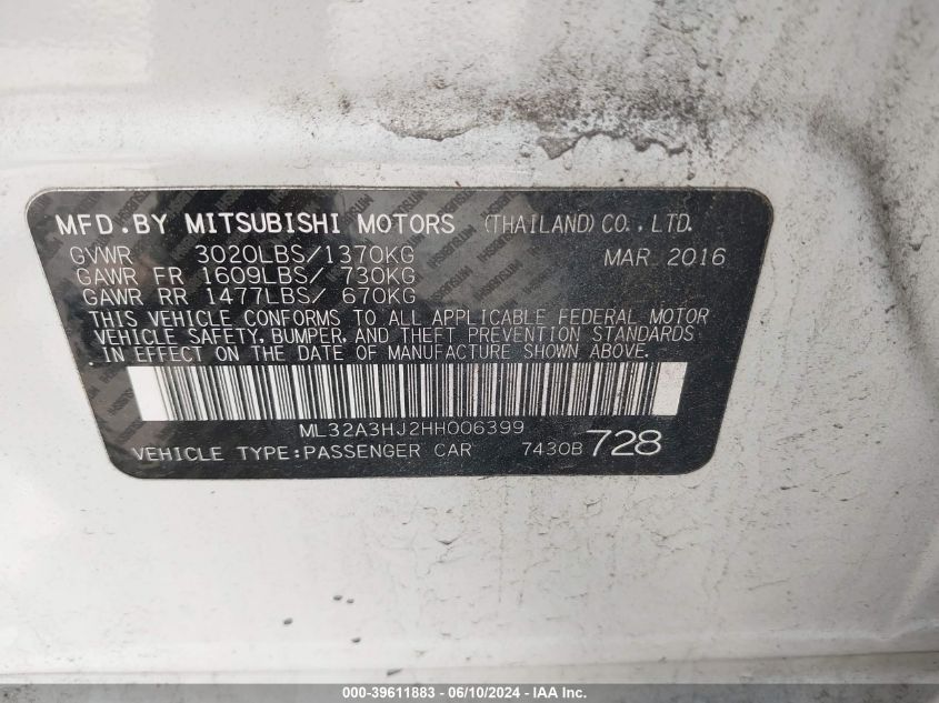 2017 Mitsubishi Mirage Es VIN: ML32A3HJ2HH006399 Lot: 39611883