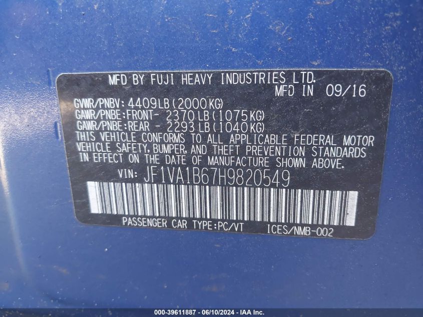 2017 Subaru Wrx VIN: JF1VA1B67H9820549 Lot: 39611887