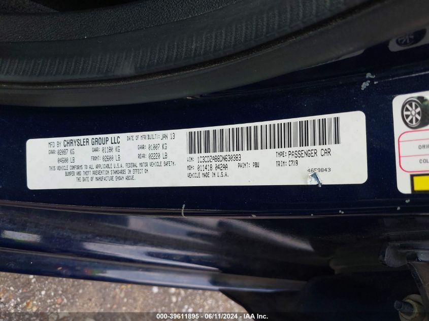 2013 Dodge Avenger Se VIN: 1C3CDZAB8DN630383 Lot: 39611895