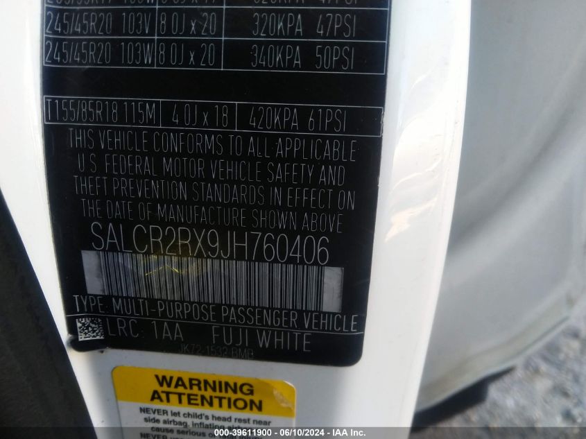 2018 Land Rover Discovery Sport Hse VIN: SALCR2RX9JH760406 Lot: 39611900