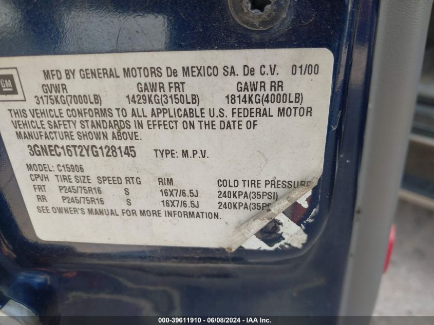 2000 Chevrolet Suburban 1500 Ls VIN: 3GNEC16T2YG128145 Lot: 39611910