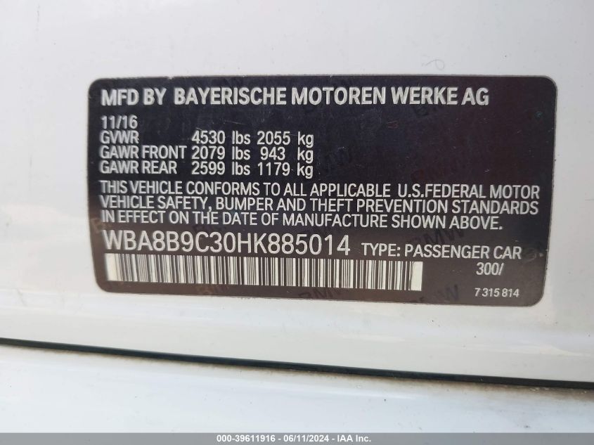 2017 BMW 330I VIN: WBA8B9C30HK885014 Lot: 39611916