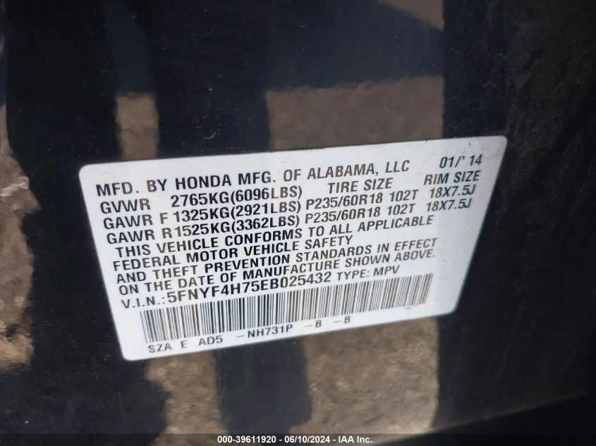 2014 Honda Pilot Ex-L VIN: 5FNYF4H75EB025432 Lot: 39611920