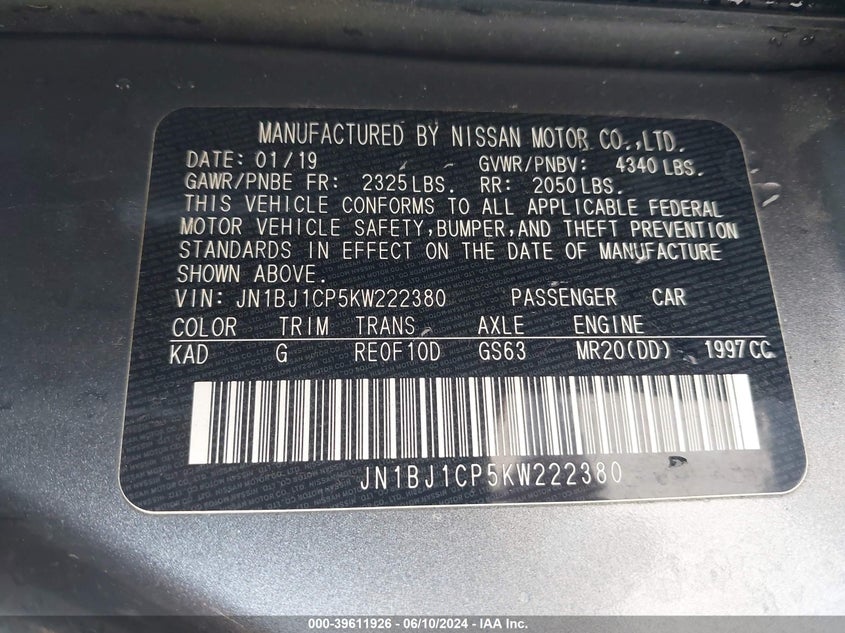 2019 Nissan Rogue Sport Sv VIN: JN1BJ1CP5KW222380 Lot: 39611926