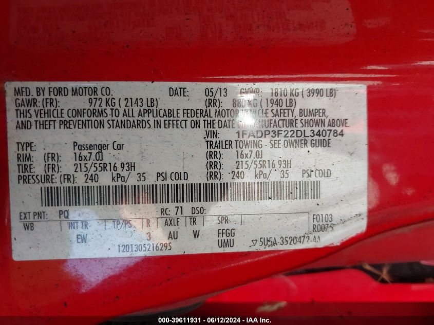 2013 Ford Focus Se VIN: 1FADP3F22DL340784 Lot: 39611931