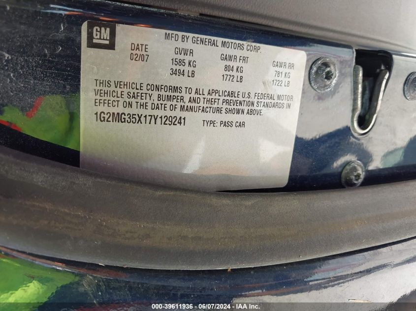 2007 Pontiac Solstice Gxp VIN: 1G2MG35X17Y129241 Lot: 39611936