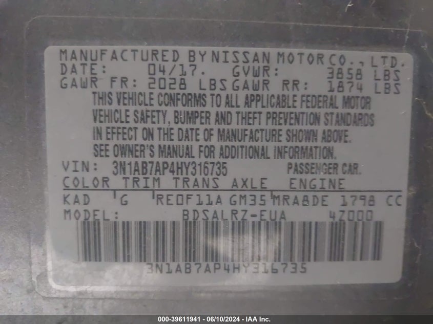 2017 Nissan Sentra Sr VIN: 3N1AB7AP4HY316735 Lot: 39611941