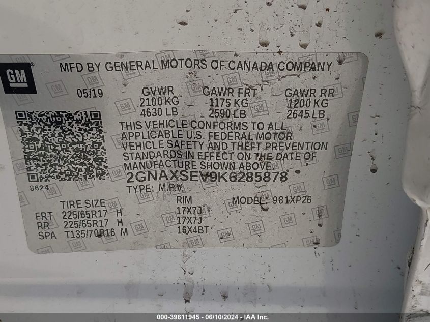 2019 Chevrolet Equinox Ls VIN: 2GNAXSEV9K6285878 Lot: 39611945