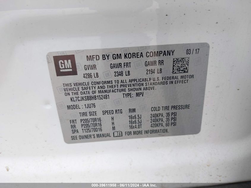 2017 Chevrolet Trax Ls VIN: KL7CJKSB8HB152481 Lot: 39611958