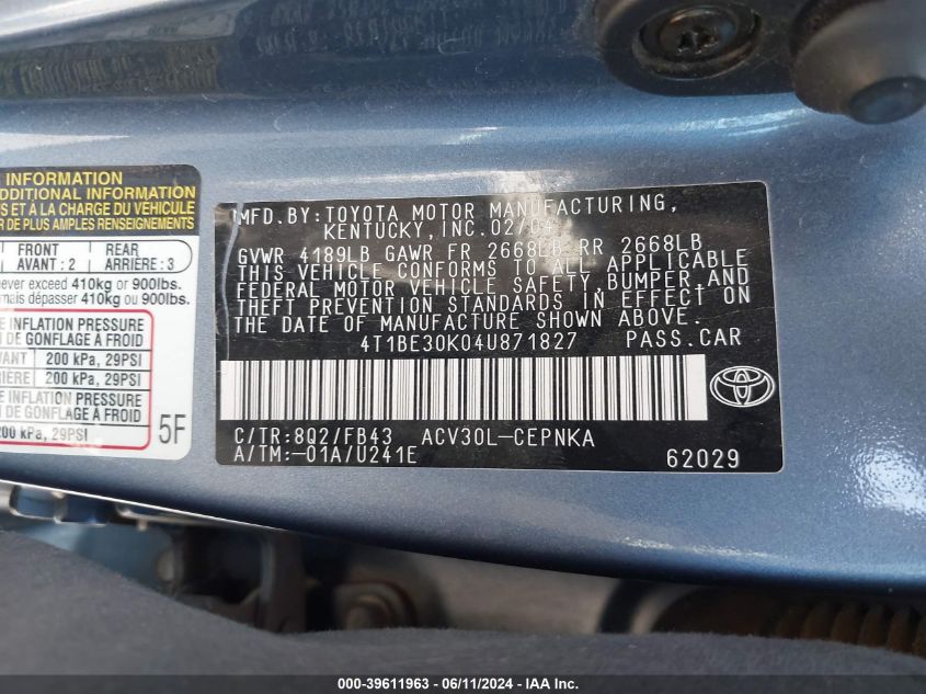 2004 Toyota Camry Le VIN: 4T1BE30K04U871827 Lot: 39611963