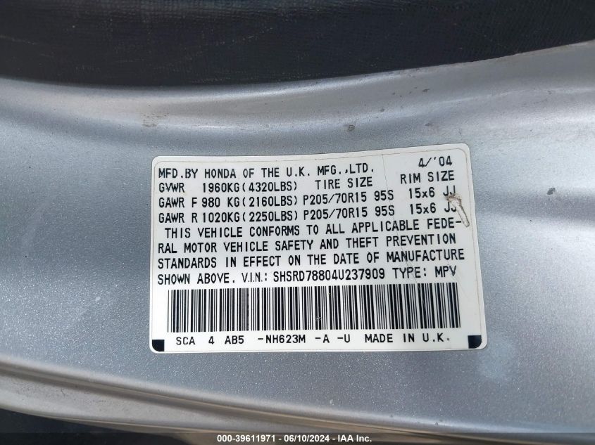 2004 Honda Cr-V Ex VIN: SHSRD78804U237909 Lot: 39611971