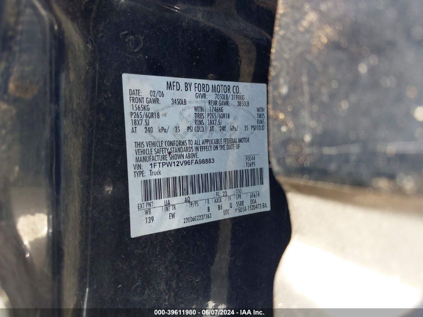 2006 Ford F-150 Lariat/Xlt VIN: 1FTPW12V96FA98883 Lot: 39611980