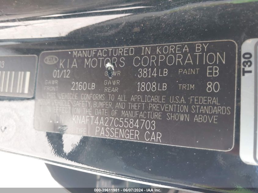 2012 Kia Forte Lx VIN: KNAFT4A27C5584703 Lot: 39611981