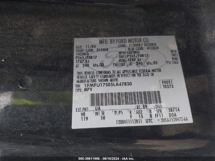 2005 Ford Expedition Eddie Bauer/King Ranch VIN: 1FMFU17505LA47830 Lot: 39611986