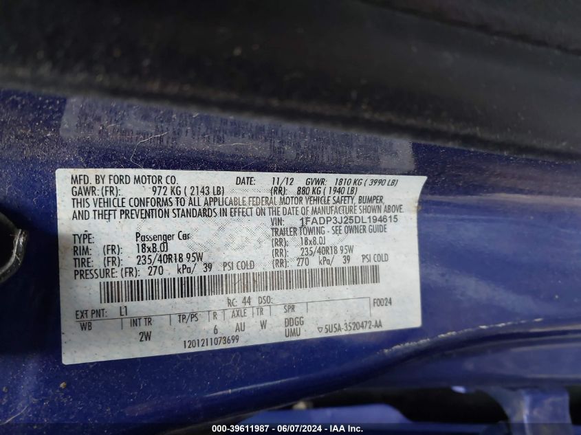 2013 Ford Focus Titanium VIN: 1FADP3J25DL194615 Lot: 39611987