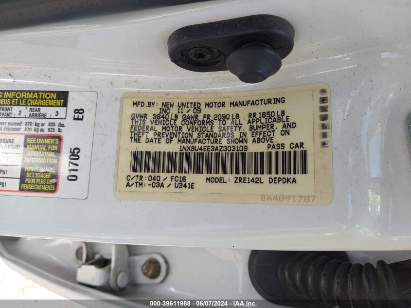 2010 Toyota Corolla Le VIN: 1NXBU4EE3AZ303109 Lot: 39611988