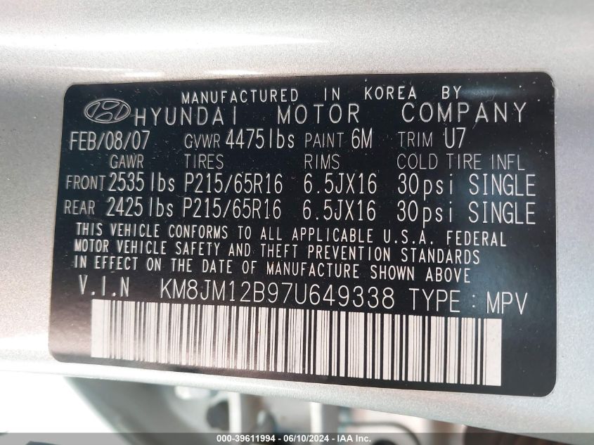 2007 Hyundai Tucson Gls VIN: KM8JM12B97U649338 Lot: 39611994