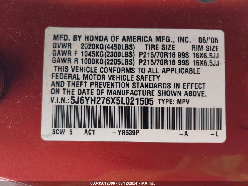 2005 Honda Element Ex VIN: 5J6YH276X5L021505 Lot: 39612008
