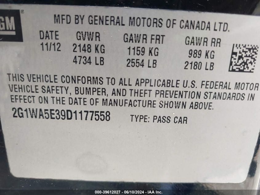 2013 Chevrolet Impala Ls VIN: 2G1WA5E39D1177558 Lot: 39612027