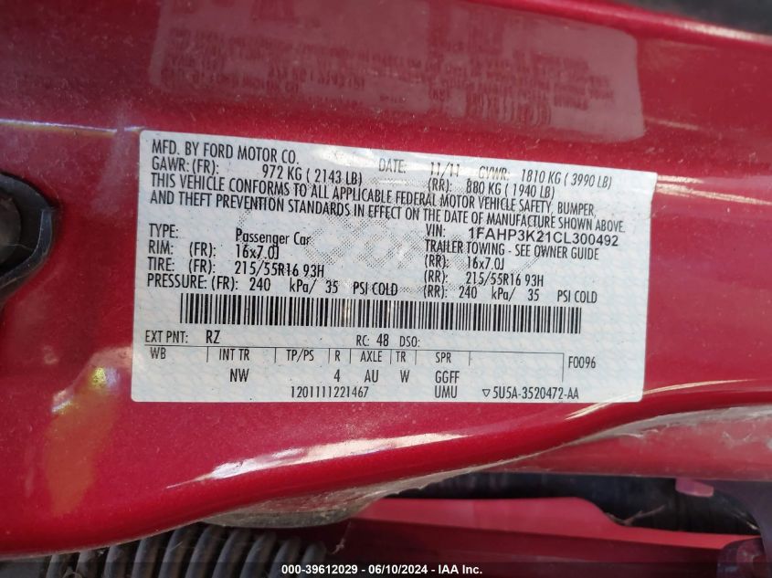 2012 Ford Focus Se VIN: 1FAHP3K21CL300492 Lot: 39612029