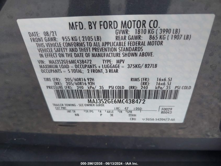 2021 Ford Ecosport Se VIN: MAJ3S2GE6MC438472 Lot: 39612035