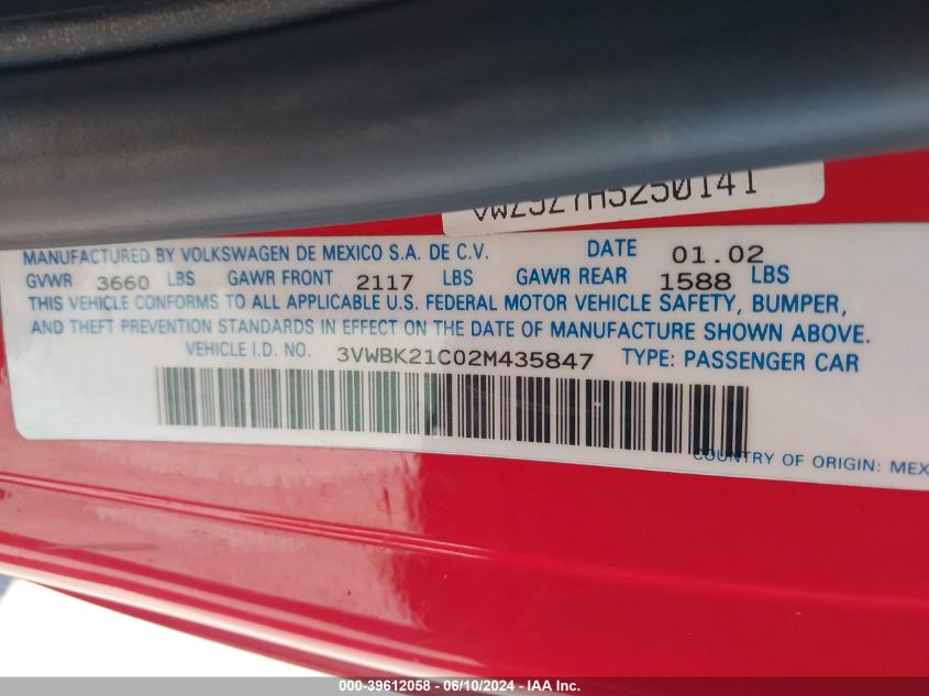 2002 Volkswagen New Beetle Gl VIN: 3VWBK21C02M435847 Lot: 39612058