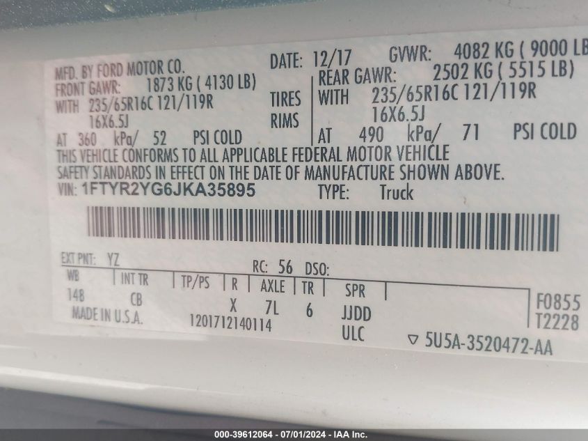 2018 Ford Transit-250 VIN: 1FTYR2YG6JKA35895 Lot: 39612064