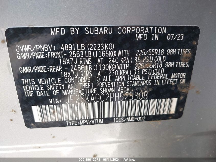 2023 Subaru Forester Sport VIN: JF2SKAGC2PH525308 Lot: 39612073