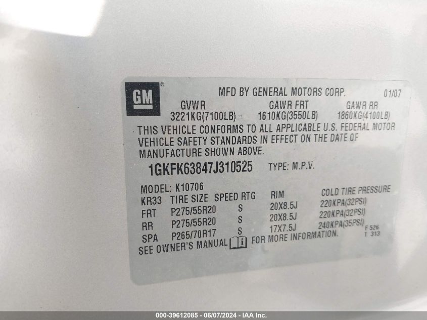 2007 GMC Yukon Denali VIN: 1GKFK63847J310525 Lot: 39612085