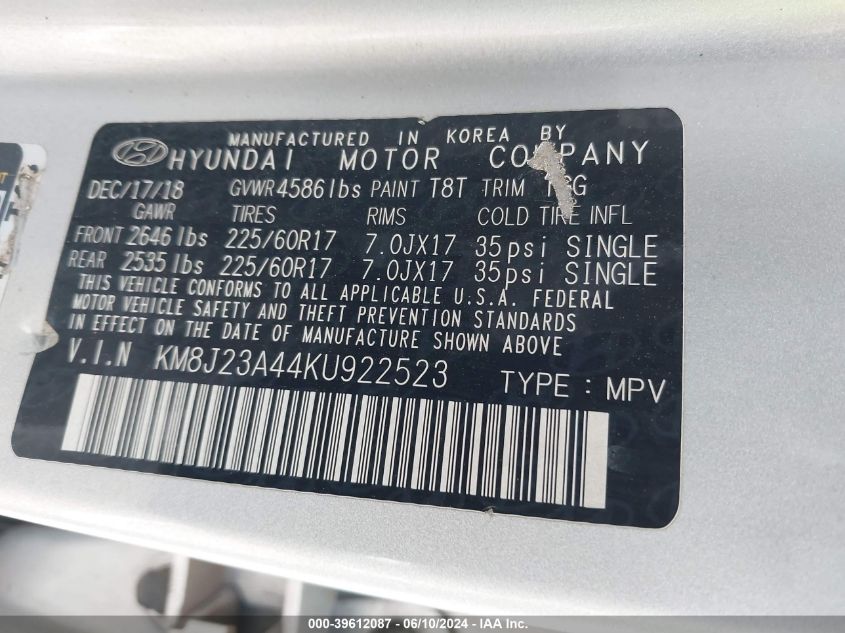 2019 Hyundai Tucson Se VIN: KM8J23A44KU922523 Lot: 39612087