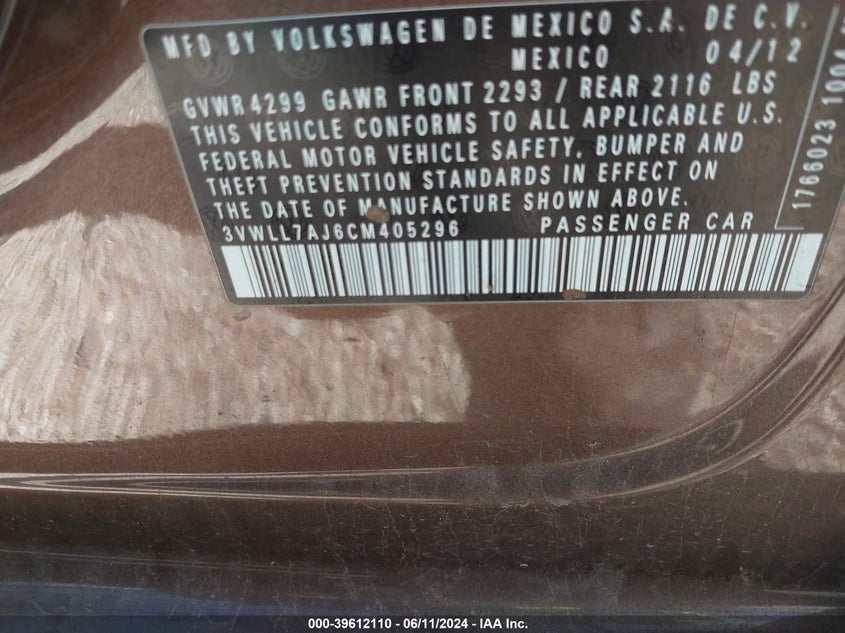 2012 Volkswagen Jetta 2.0L Tdi VIN: 3VWLL7AJ6CM405296 Lot: 39612110
