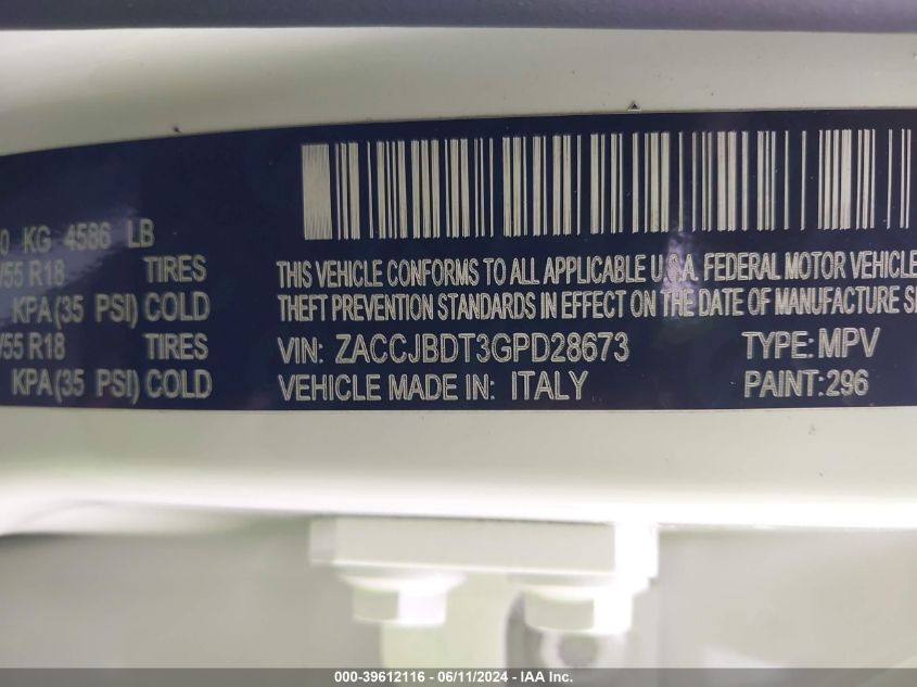 2016 Jeep Renegade Limited VIN: ZACCJBDT3GPD28673 Lot: 39612116